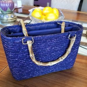 Blue Straw Purse with Bamboo Handles